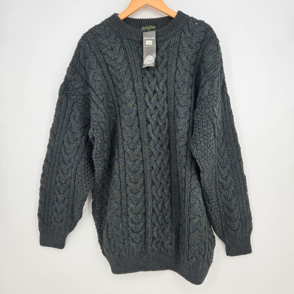 Vtg NWT 100% Wool River View Ireland Mens XXL Green Aran Fisherman Sweater